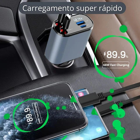 Carregador Veicular Incrível 4 em 1 com Cabos Retráteis - Veluz4XCharge™